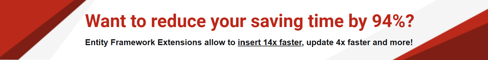 EF Core performance optimization sponsor banner showing bulk insert, update, delete, and merge features with 14x faster data operations.